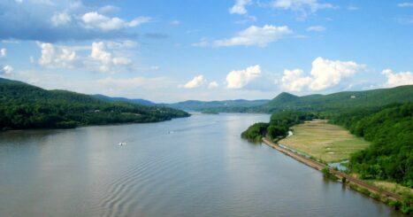 Aerial view of boats on the Hudson River on a bright summer day