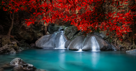 waterfalls pour into calm blue pool, beneath bright red trees