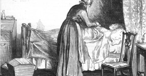 Lithograph of a woman in an apron, bonnet and dress attending to a sick patient