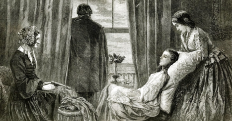 Lithograph of wealthy 1850s women attending to an ill young woman in a chair while a man in a suit looks out the window