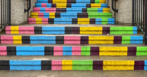 multicolored stairs on outdoor walkway