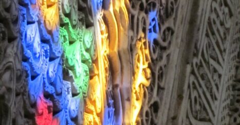 carving illuminated with colored lights