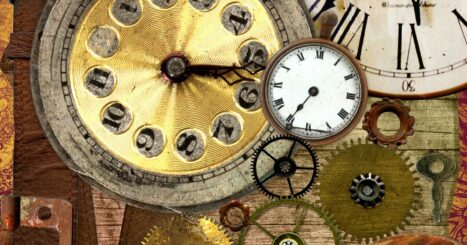 Old clock faces with gears and parts