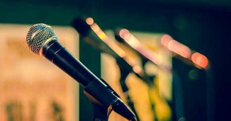 Microphones on a stage